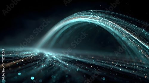 Dynamic abstract visualization featuring glowing blue and teal light trails and golden particles forming a curved stream set against a dark futuristic backdrop