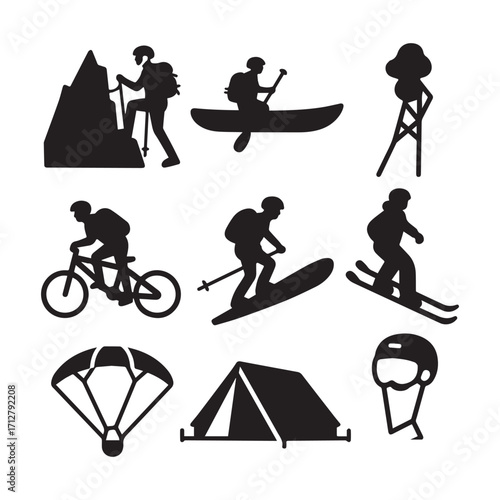 Silhouette Adventure Icon Collection Featuring Extreme Sports and Outdoor Exploration Activities.