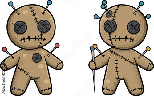 Creepy Halloween voodoo doll illustration with stitched fabric body, button eyes, sewing details, colorful pins, spooky magic design for decoration, stickers, and artwork