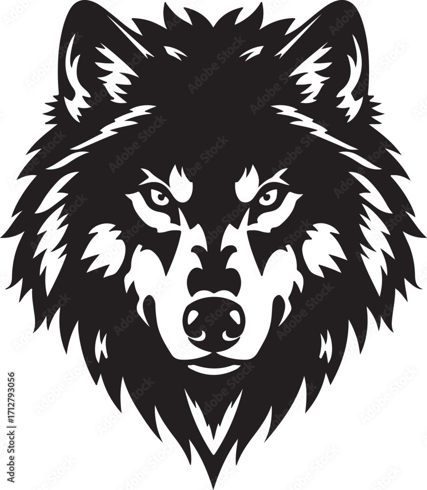 Fototapeta premium Black and white graphic illustration of a fierce wolf head with detailed fur and intense eyes vector
