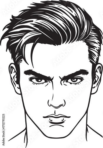 Black and white line drawing portrait of a young man with styled hair and intense expression male
