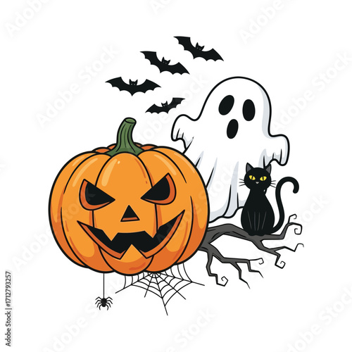 Spooky Halloween illustration featuring a Jack-o-lantern, a ghost, a black cat, bats, and a spider web, perfect for festive decorations and invitations