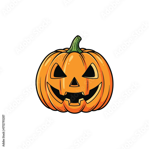 Cheerful yet spooky Jack-o'-lantern illustration, a classic carved orange pumpkin icon perfect for halloween decorations, party invitations, and autumn holiday designs on an isolated background