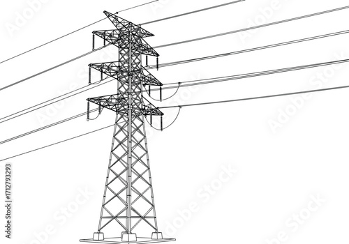 High voltage electricity transmission tower, steel lattice power pylon, energy infrastructure, electrical grid, industrial engineering, utility lines, renewable energy distribution