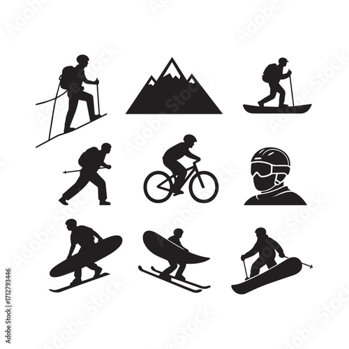 Silhouette Adventure Icon Collection Featuring Extreme Sports and Outdoor Exploration Activities.