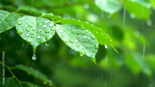 Macro shot of vibrant green leaves covered in glistening water droplets during a gentle rain shower, creating a peaceful and refreshing natural scene.
