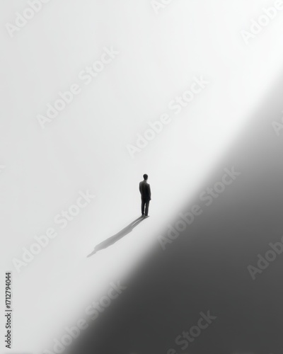 Solitary figure standing in minimalistic black and white landscape