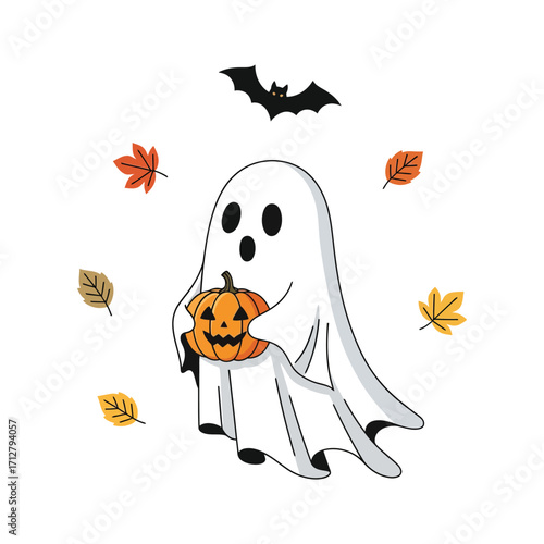 A cute cartoon ghost holding a pumpkin, surrounded by autumn leaves and a bat, perfect for your Halloween-themed designs and decorations, conveying a festive and spooky atmosphere
