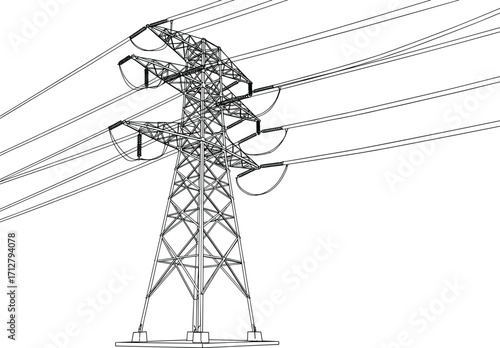 High voltage transmission tower, electricity pylon structure, power grid infrastructure, metal lattice design, energy distribution lines, industrial engineering, utility network, electrical safety