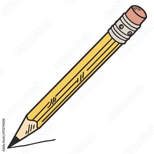 A classic yellow wooden pencil with a pink eraser and a graphite tip drawing a simple line on a white background