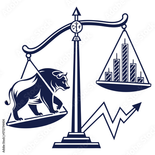 Bull and bear market forces balanced on scales with upward trending financial graph symbolizing investment decisions