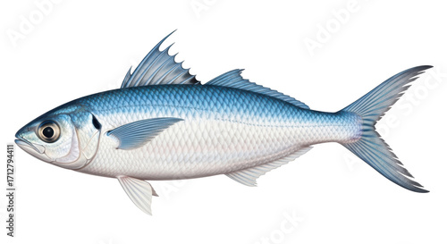 Isolated fish illustration, aquatic creature with shiny scales and fins, detailed rendering