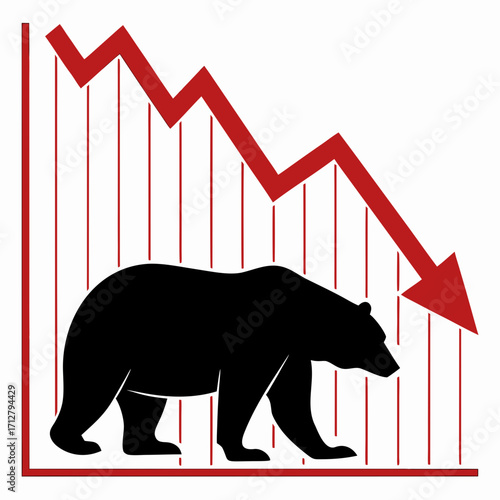 Black bear silhouette walking down a red downward trending stock market graph with vertical lines