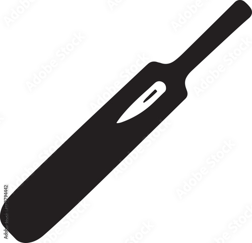 Black Silhouette of a Cricket Bat with a White Oval Cutout on a White Background Keywords: cricket, bat, sport, equipment, game, willow, wood, handle, blade, silhouette, icon, symbol, isolated