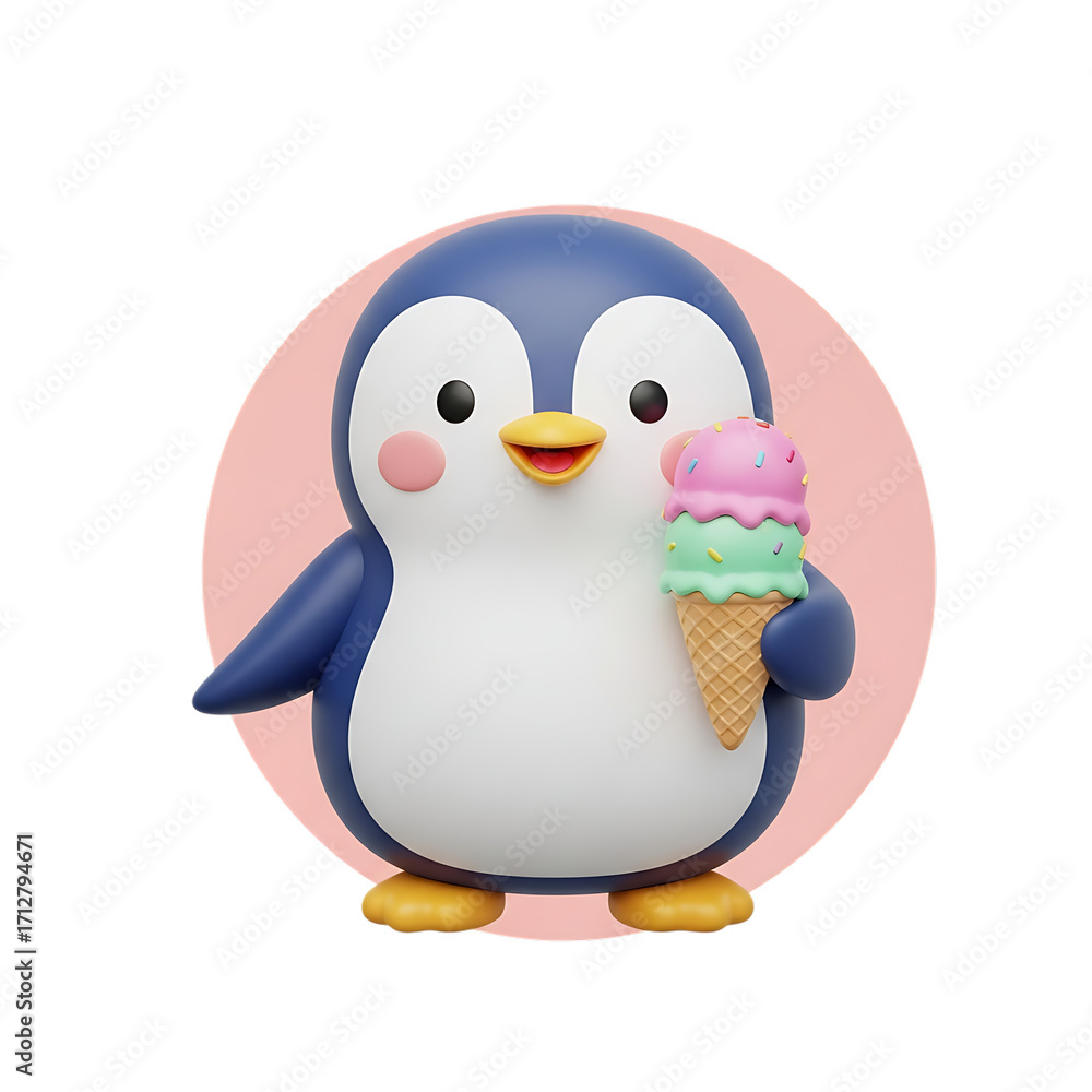 Fototapeta premium Adorable cartoon penguin character holding a delicious ice cream cone enjoying a sweet treat isolated on transparent background