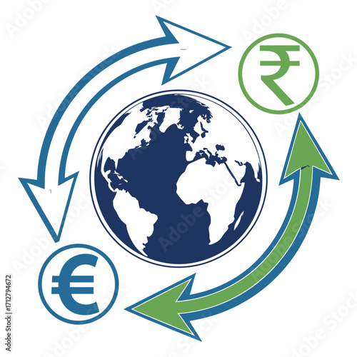 Global currency exchange concept with arrows showing movement between earth euro and rupee symbols