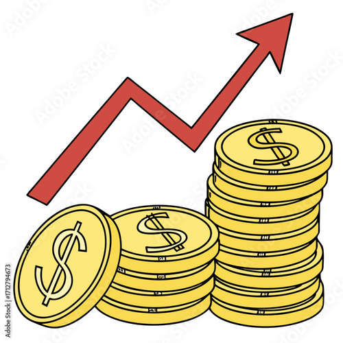 Golden dollar coins stacked upward with a red arrow graph indicating financial growth