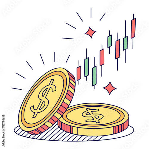 Golden dollar coins with a rising candlestick chart symbolizing financial growth and investment success