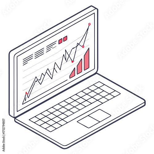 Isometric illustration of a laptop displaying a financial growth chart with rising bars and line graph