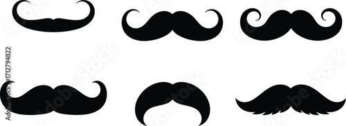 Mustache silhouette illustration set, facial hair icons collection with curled, handlebar, rounded, feathered, vintage styles, barbershop, retro, Movember design