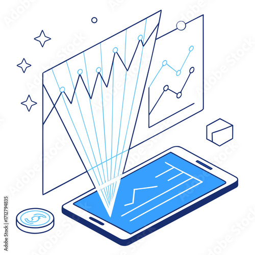 Isometric illustration of a smartphone displaying a financial graph projected from a larger data visualization