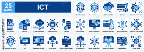 Information And Communication Technology (ICT) icon set collection. Containing design Data Transfer, Digital Transformation, Data Privacy, Network Security, Digital Connectivity