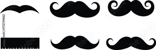 Mustache silhouette illustration set, facial hair icons collection with curled, spiral, rectangular, vintage styles, barbershop, retro, Movember design vector