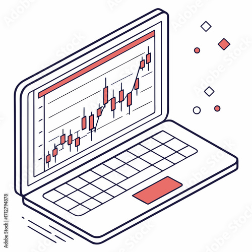 Isometric laptop displaying a rising stock market candlestick chart with abstract geometric shapes