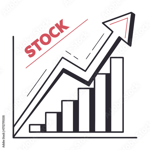 Stock market graph with upward trend arrow and rising bar chart indicating financial growth and success