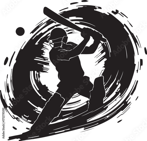 Black silhouette of a cricket batsman in a dynamic pose with abstract brush strokes Keywords: cricket, batsman, silhouette, bat, ball, sport, game, action, dynamic, motion, energy, abstract, brush
