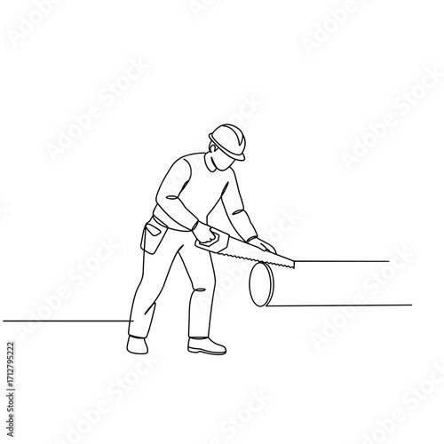 Plumber cutting pipe section out, demonstrating skill, on a transparent background