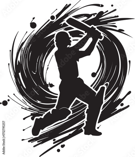 Black silhouette of a cricket batsman with energetic abstract paint splatters and swirls Keywords: cricket, batsman, silhouette, bat, ball, sport, game, action, dynamic, motion, energy, abstract