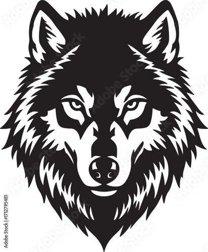 Black Silhouette of a Fierce Wolf Head with Detailed Fur on a White Background animal wild