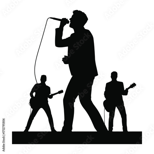 Band silhouette with lead singer in front performing on stage isolated black and white vector illustration