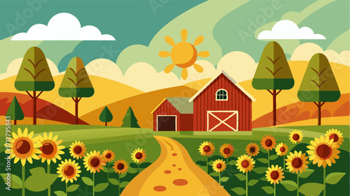 A rustic farm surrounded by acres of sunflowers bursting with life and color.