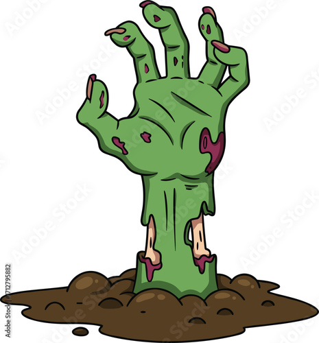 Zombie hand rising from grave cartoon vector illustration, creepy undead monster arm with exposed bones and wounds, scary horror design for Halloween theme
