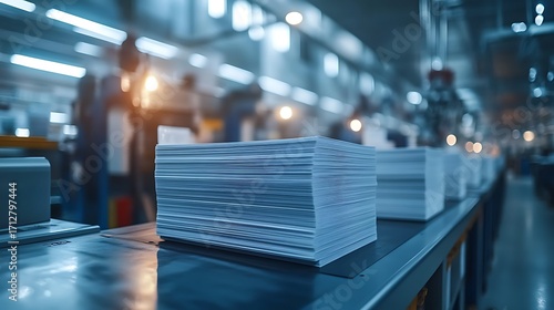 Paper stacks on conveyor belt in a printing factory with industrial background.