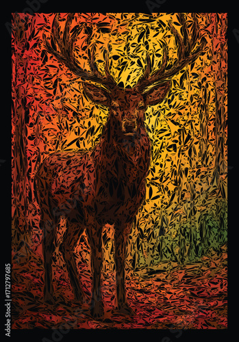 Autumn Majesty: A textured digital illustration of a noble stag in a forest of warm, fractured light and abstract orange patterns.