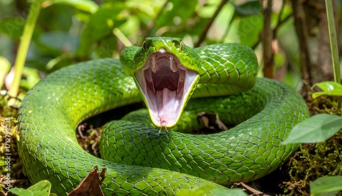 Green pit viper coiled, mouth open