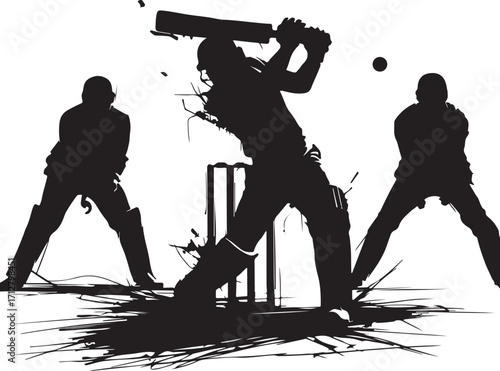 Dynamic silhouette of a cricket batsman hitting a ball with fielders and abstract paint splatters
