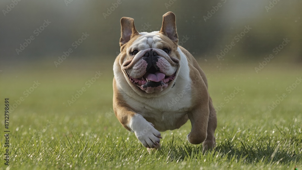 Fototapeta premium Dog Joyfully Running Across a Green Field During a Sunny Afternoon in a Peaceful Rural Setting