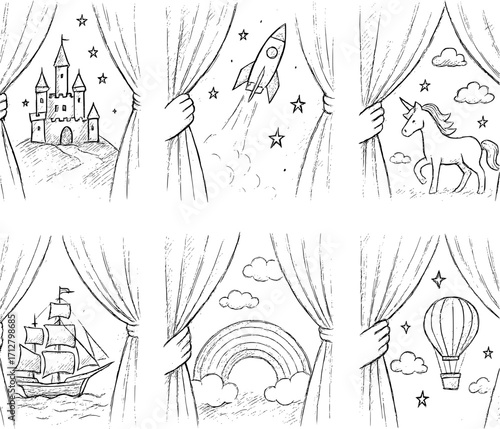 Curtains pulling back revealing fantasy worlds hand drawn pencil sketch vector icons set white background