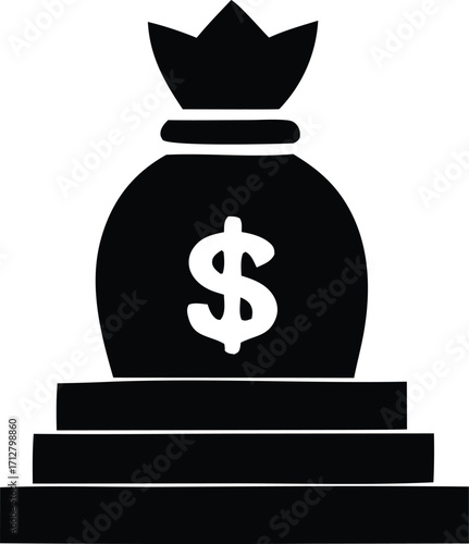 Money bag symbol on pedestal represents wealth success financial growth and prosperity icon
