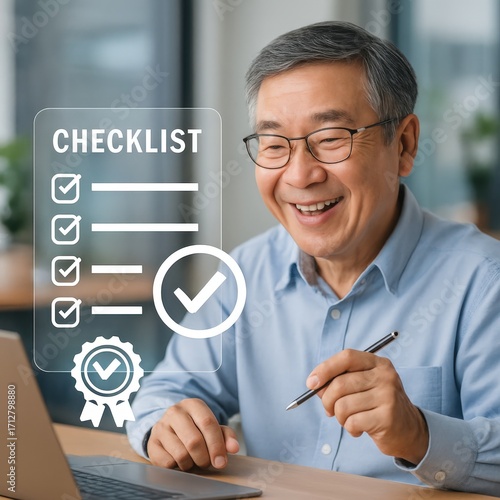 an elderly man smiles while working on a computer and completing a checklist, conveying a sense of accomplishment
