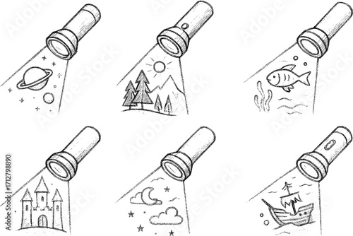 Flashlight pencil sketch vector icons revealing hidden worlds illustration set white background