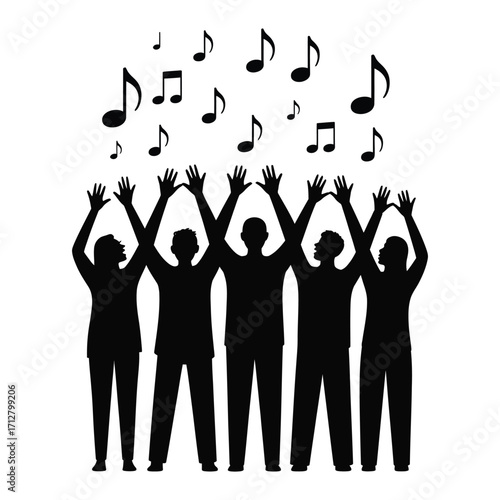 Choir group silhouette singing together in harmony performance isolated black and white vector illustration