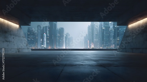 Stark Concrete Vantage Point Overlooking a Luminous Hazy Cyberpunk Metropolis.