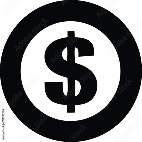 Bold black and white dollar sign icon inside a circle representing finance money and currency symbols for business and economy