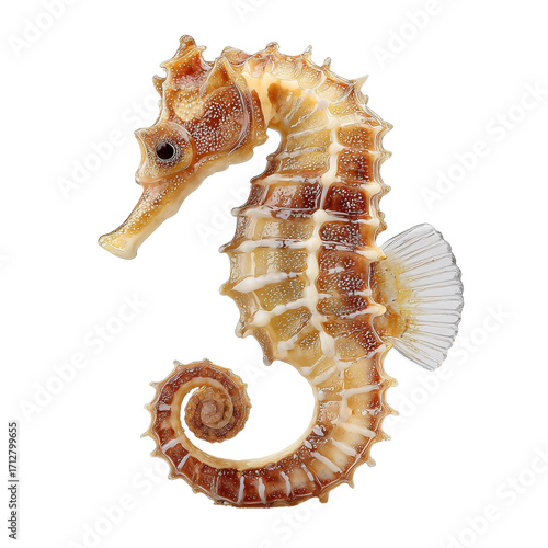 Detailed close-up of a dried seahorse with intricate textures and patterns isolated on a transparent background