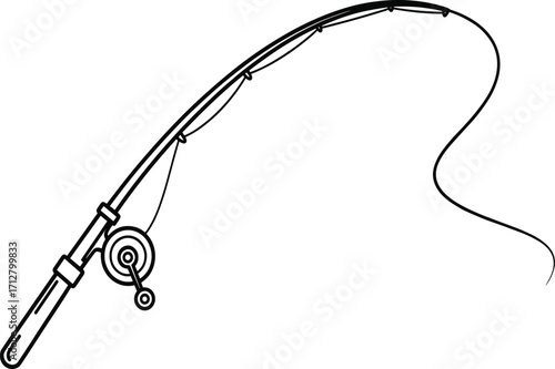 Fishing rod illustration, black and white drawing, vintage reel, outdoor gear, angling equipment, sport fishing, mechanical design, line tension, casting motion